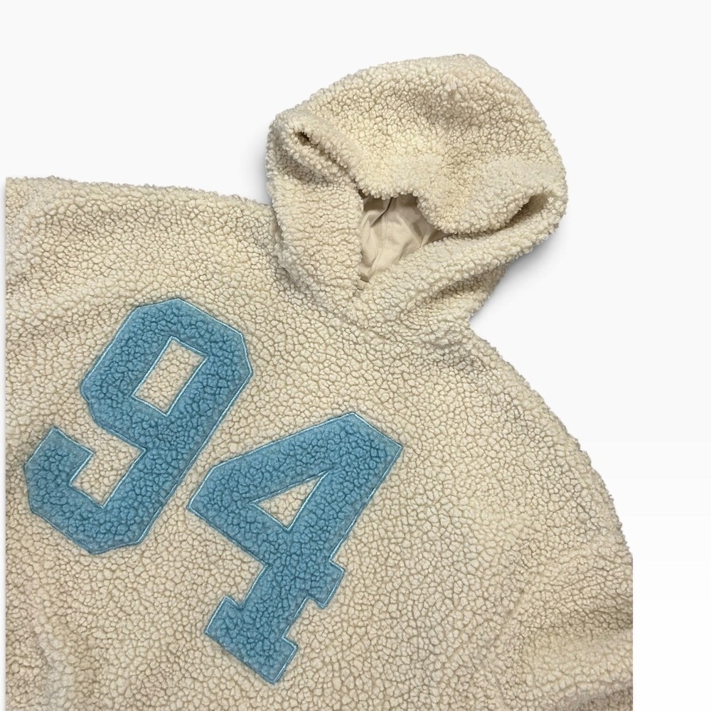Y2K No Boundaries Sherpa Hoodie Cream Blue 94 Varsity Pullover Size L 12-14
